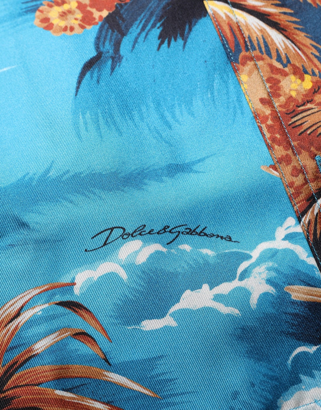Blue Silk Twill Hawaiian GraphicPrint Shirt