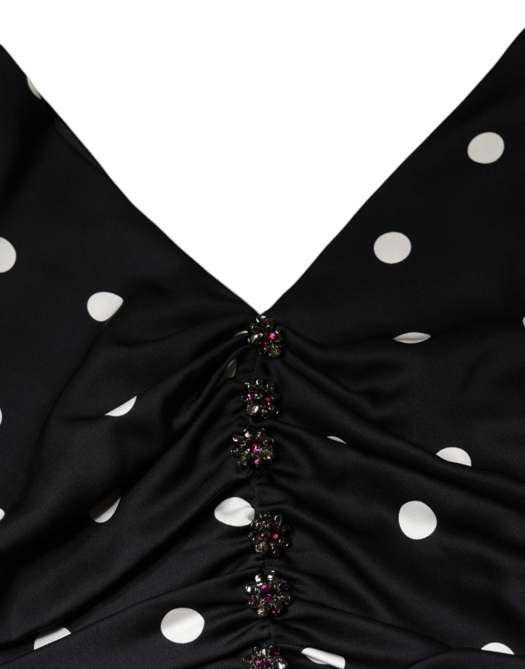 Black Silk Polka Dot Vneck Tassel Midi Dress