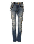 Blue Embellished Tattered SkinnyDenim Jeans